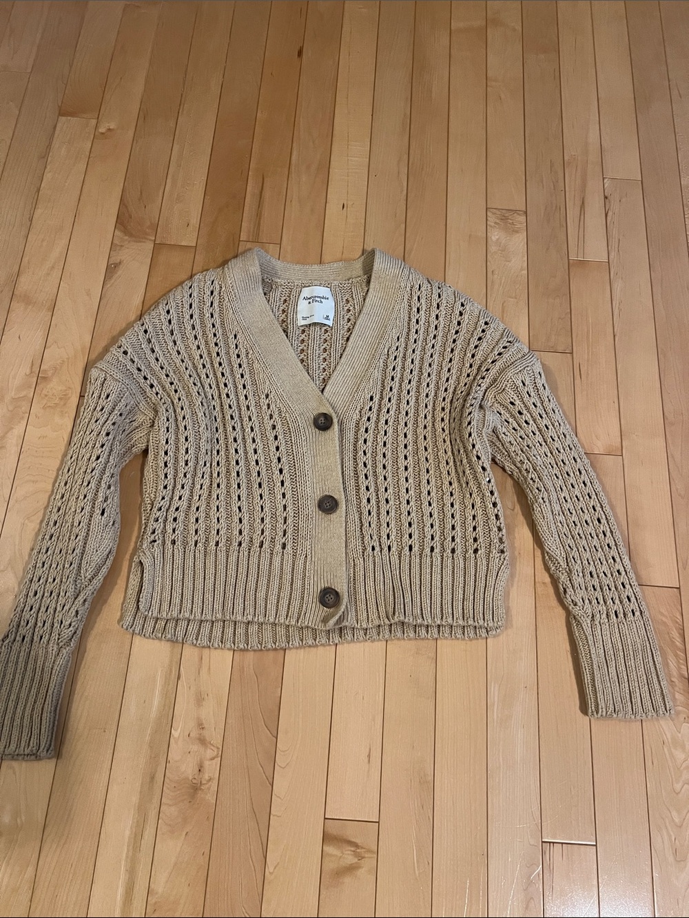 Abercrombie & Fitch Tan Open-Knit Button Crop Cardigan Size Medium